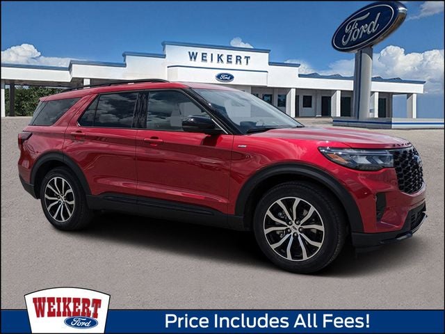 2026 Ford Explorer ST-Line in Rapid Red Metallic Tinted Clearcoat — front three-quarter view